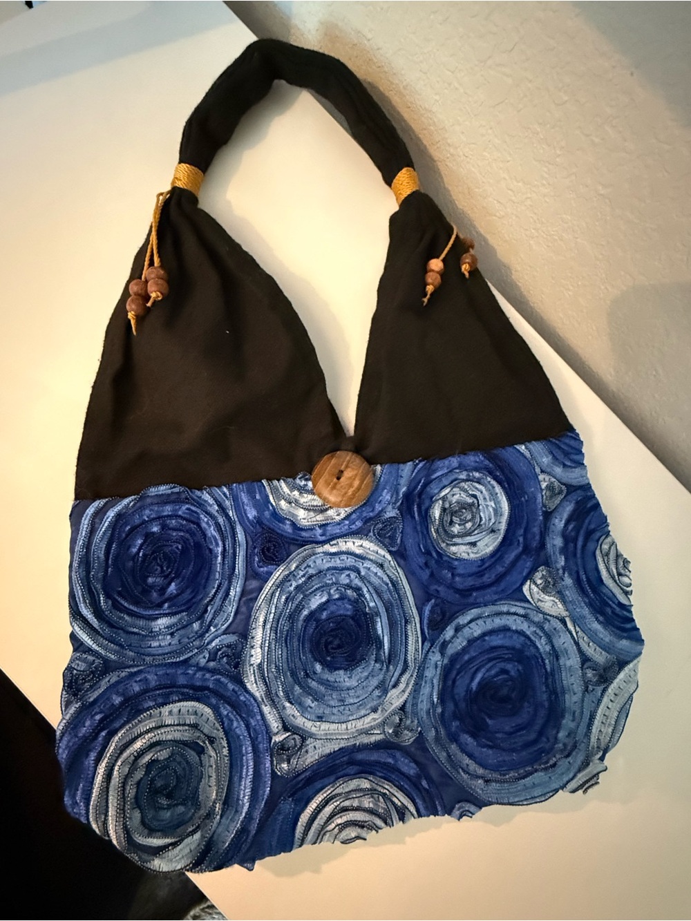 Starry Night Boho Blue Rosette Slouchy Shoulder Bag